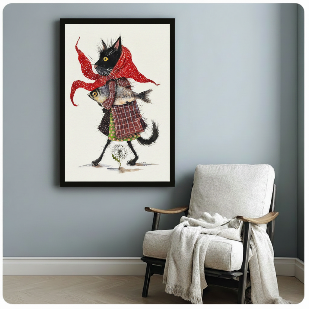 Black framed funny black cat with windswept red headscarf holding a big fish folk art whimsical watercolor canvas print on white background hung on a soft blue-gray wall beside a white upholstered wood lounge chair with a draped cream knit throw