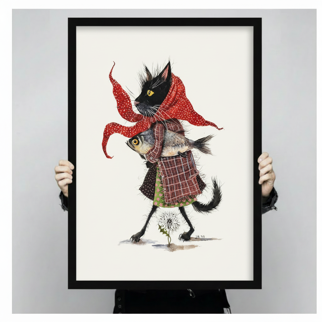 Two gloved hands holding a large black framed whimsical black cat in red polka dot scarf plaid coat and green skirt clutching a fish with a dandelion folk art watercolor canvas art print on white background, front-facing vertical size display