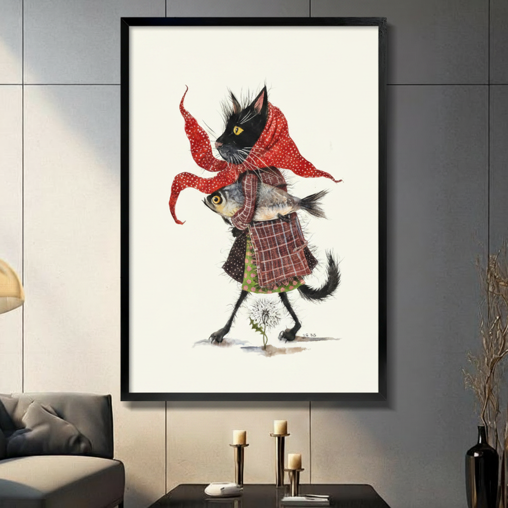 Black framed whimsical black cat wearing a red polka dot headscarf and plaid coat hugging a large fish while walking past a dandelion folk art watercolor canvas wall art on white background displayed in a modern gray living room with dark sofa and metal candlesticks