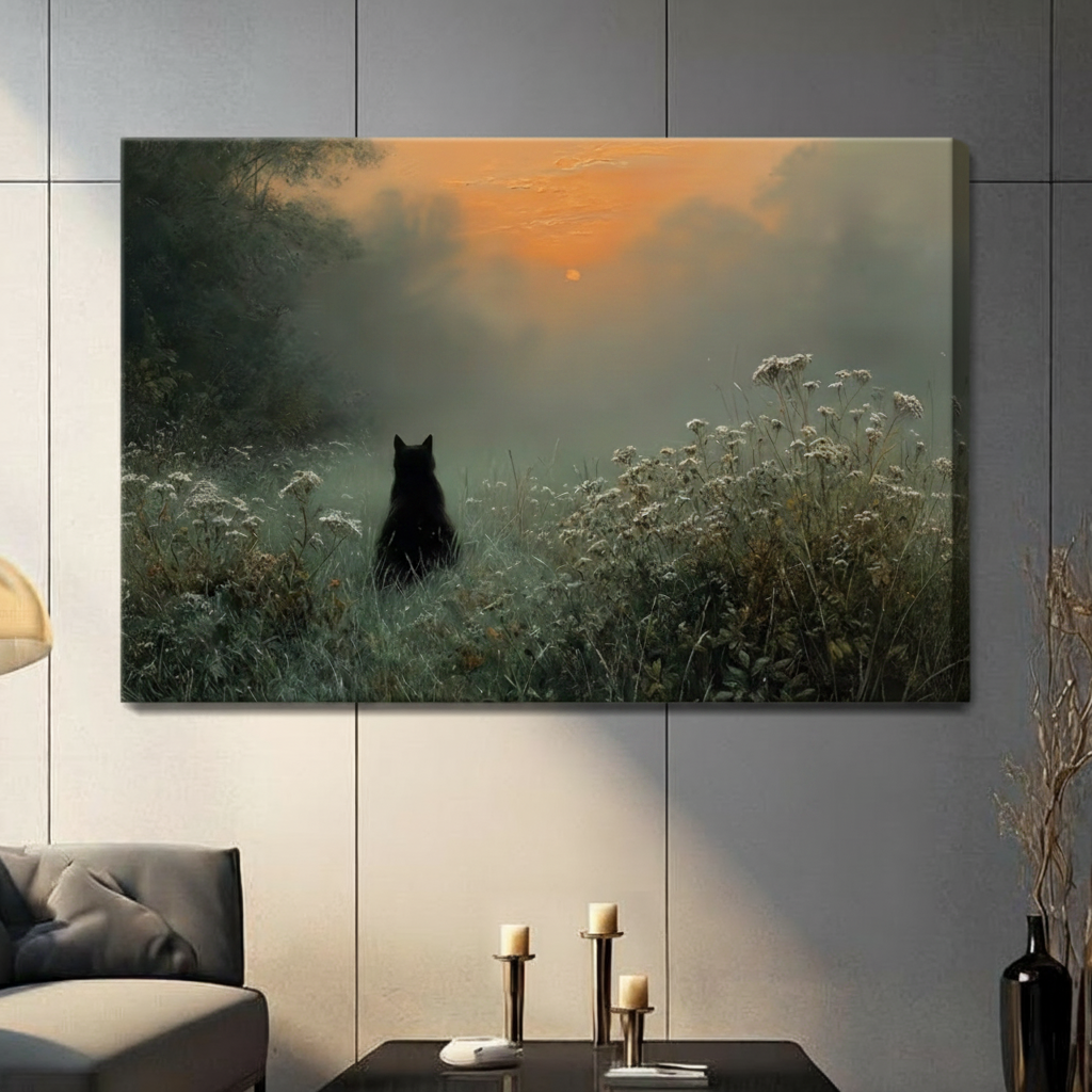 Black cat gazing at foggy sunrise over wildflower field, gallery-wrapped canvas art for living room decor
