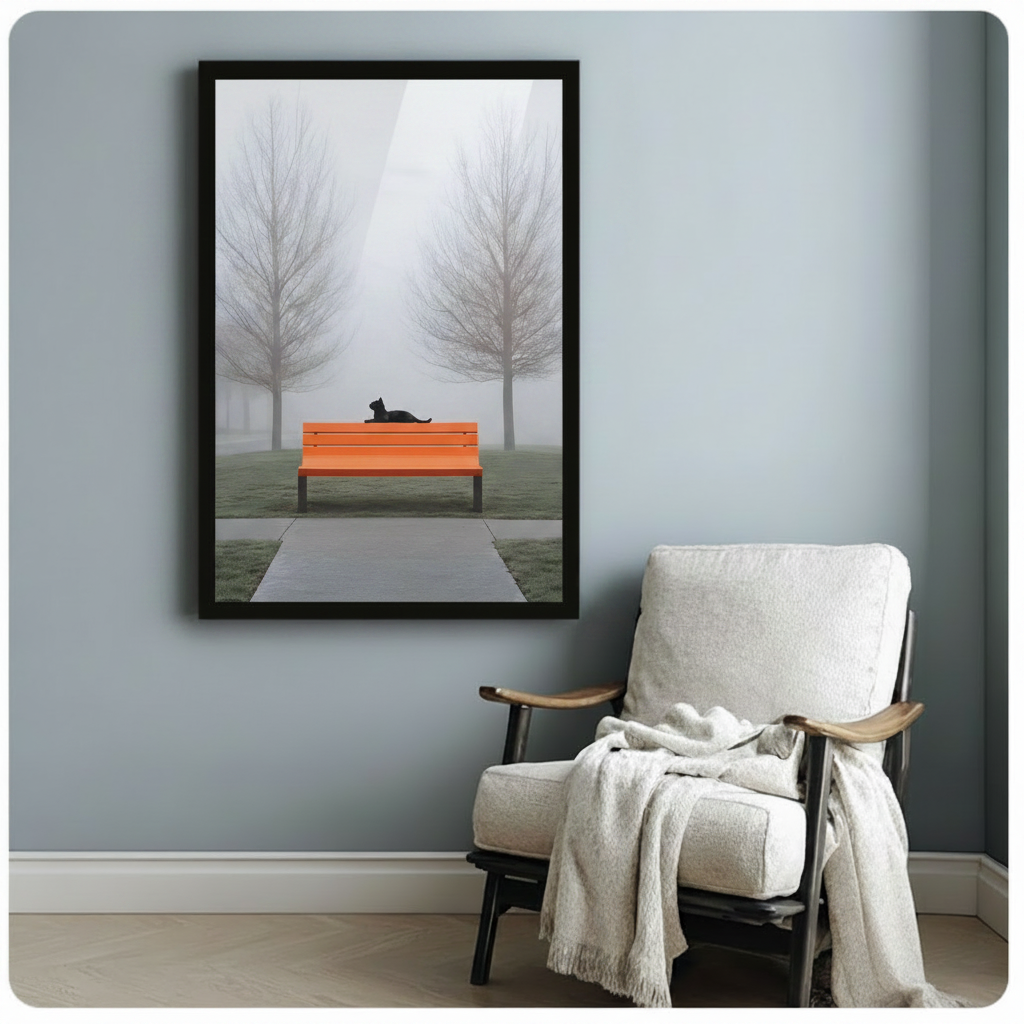 Framed minimalist art print of black cat on orange bench in foggy park pathway hung above armchair in blue-grey room