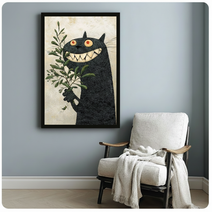 Black cat smiling art print in black frame on blue-gray wall beside white accent chair, gothic wall decor