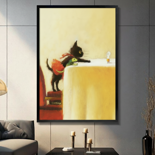 	Black cat and frog framed canvas wall art in modern dark interior with candles and decorative vases