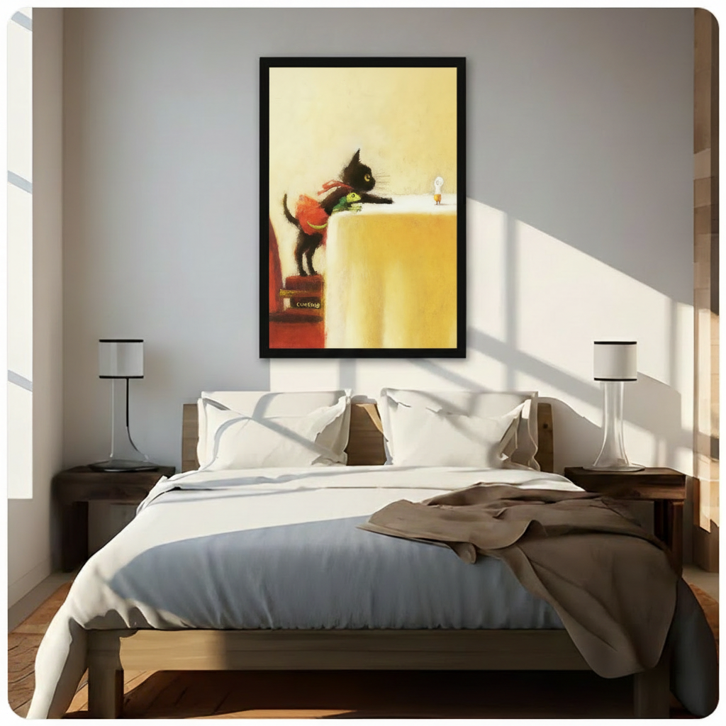 Whimsical black cat and frog framed wall art hanging above bed in a bright sunlit minimalist bedroom