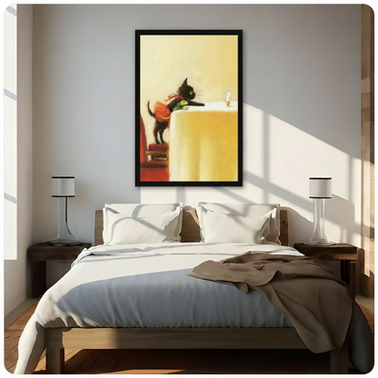 Whimsical black cat and frog framed wall art hanging above bed in a bright sunlit minimalist bedroom