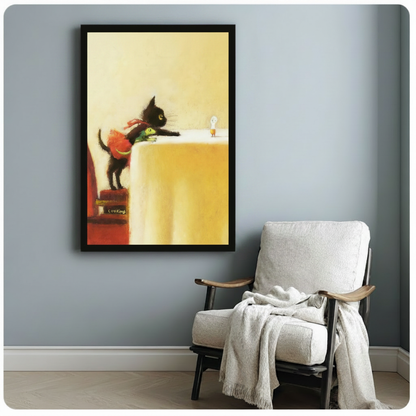 Framed black cat holding frog whimsical wall art print displayed in a cosy grey living room with accent chair
