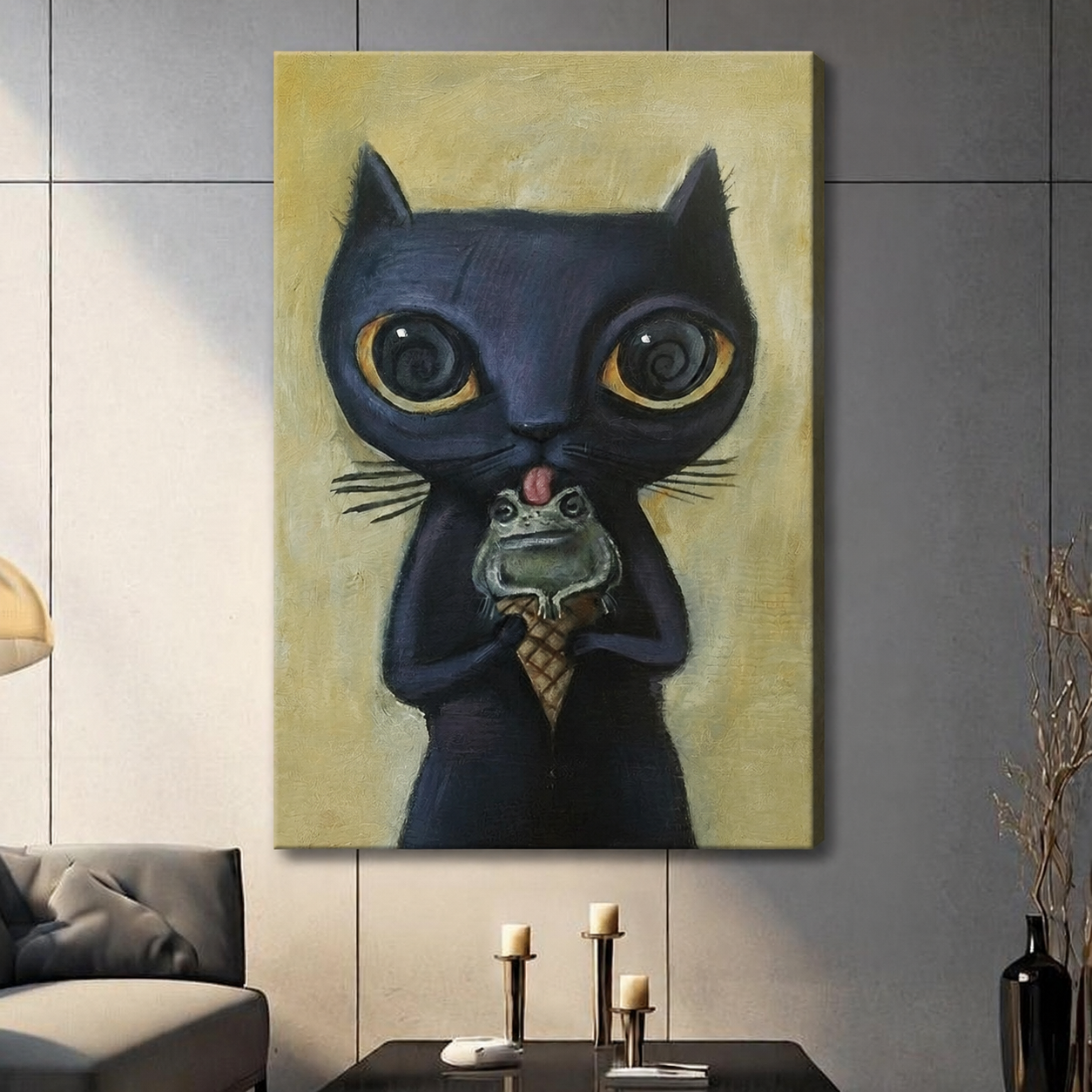 Unframed canvas print of a wide-eyed black cat licking a frog in a waffle cone on a textured gold background hung in a contemporary grey living room