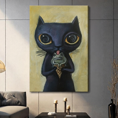 Unframed canvas print of a wide-eyed black cat licking a frog in a waffle cone on a textured gold background hung in a contemporary grey living room