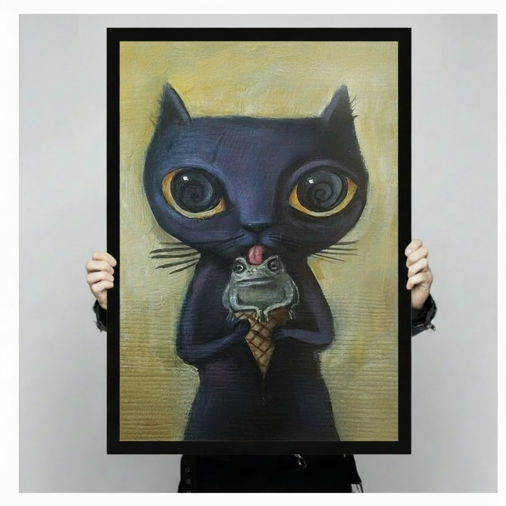 Person holding a large black framed dark cat with golden eyes licking a frog waffle cone art print showing print size scale and oil painting texture detail