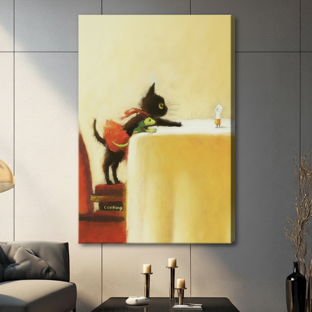 	Large unframed canvas print of black cat with frog on stacked books, warm yellow background home decor