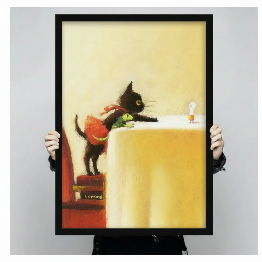 Illustrated black cat with red scarf hugging a frog, framed art print held up against neutral grey background