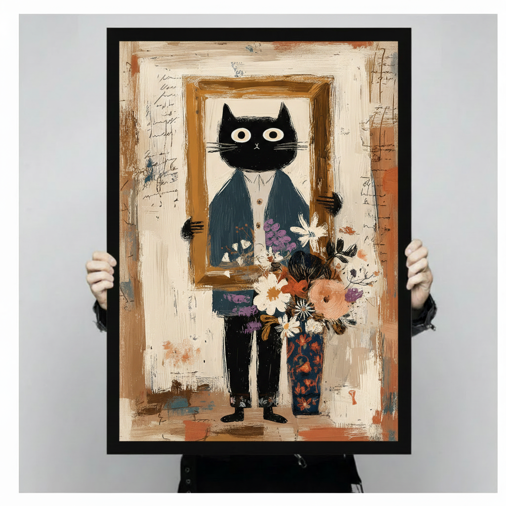 Person holding black cat gentleman framed canvas art showing size reference, abstract cat in navy blazer with gold frame and flower vase oil painting