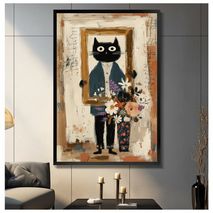 Whimsical black cat gentleman in navy blazer holding gold frame with floral vase, framed canvas wall art hung in modern living room, abstract expressionist oil painting