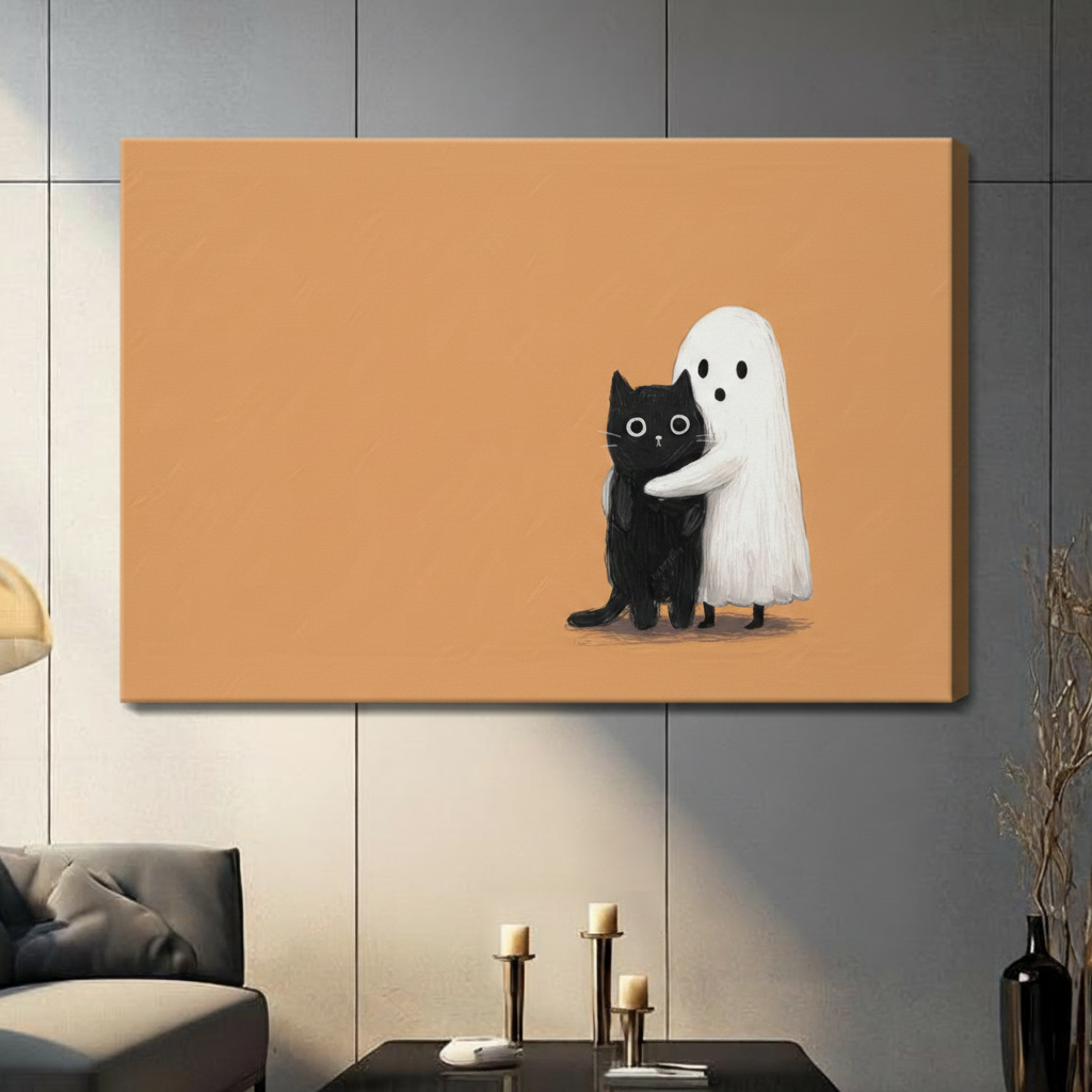 Frameless canvas print of cute black cat hugged by ghost on warm orange background, hung in contemporary living space