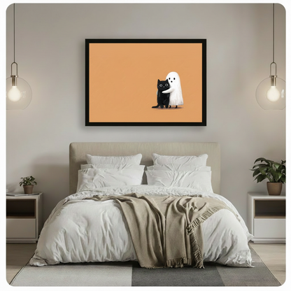 Framed black cat ghost hug canvas art print hanging above bed in minimalist neutral bedroom with pendant lights