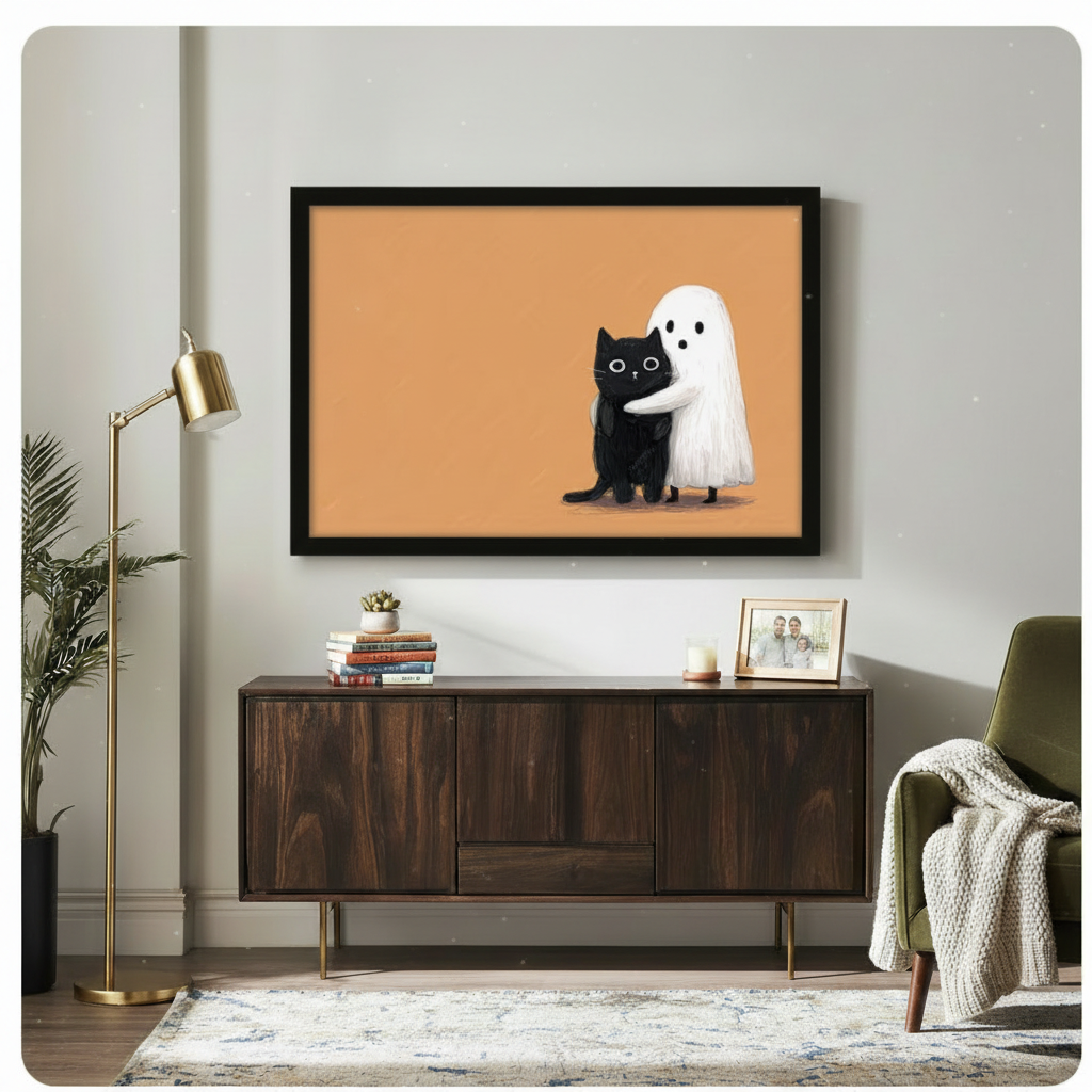 Black cat and ghost hug framed wall art above wooden sideboard in cozy living room with gold floor lamp and green armchair