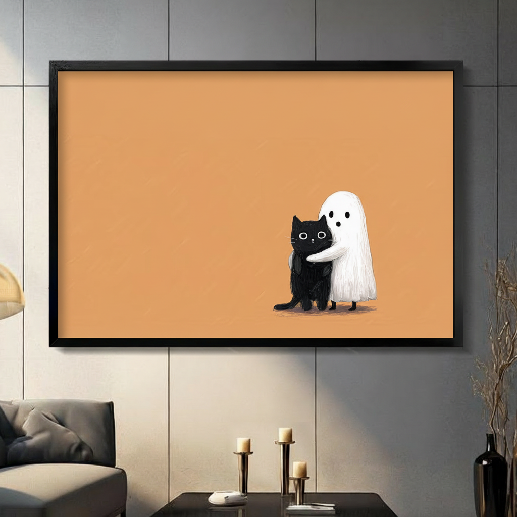 Framed black cat and ghost hug wall art print displayed in modern living room with dark sofa and candlesticks