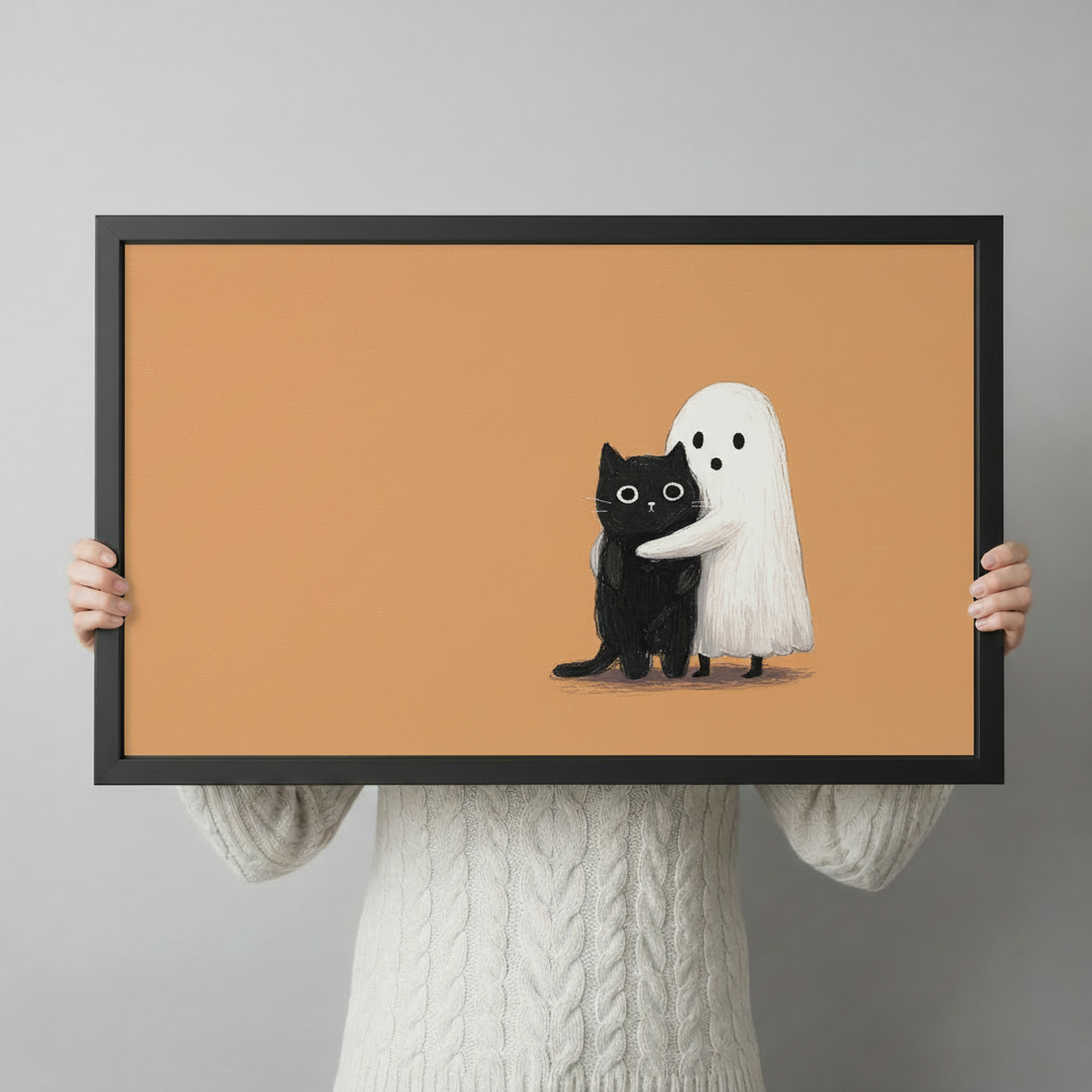 Person in white sweater holding framed black cat and ghost illustration art print with orange background