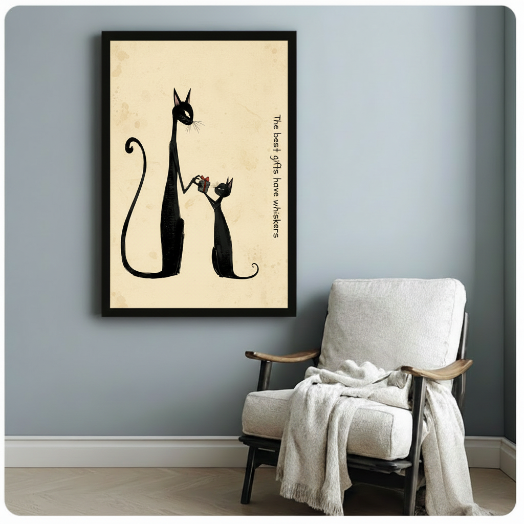 Black cat and kitten gift illustration in black frame beside linen accent chair – cat lover wall art