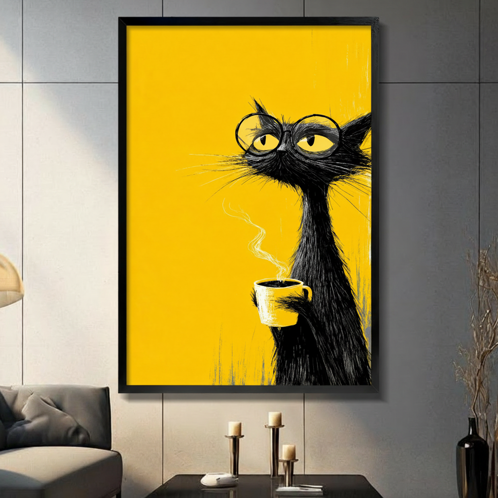 Black framed canvas wall art of a grumpy black cat wearing round glasses holding a steaming yellow coffee cup, bold yellow background, displayed on a grey wall in a modern living room