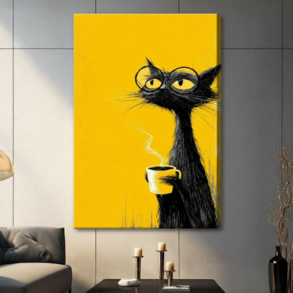 Gallery wrap canvas print featuring a quirky black cat with round glasses clutching a hot yellow coffee mug, vivid yellow background, hung on a grey wall in a contemporary living space