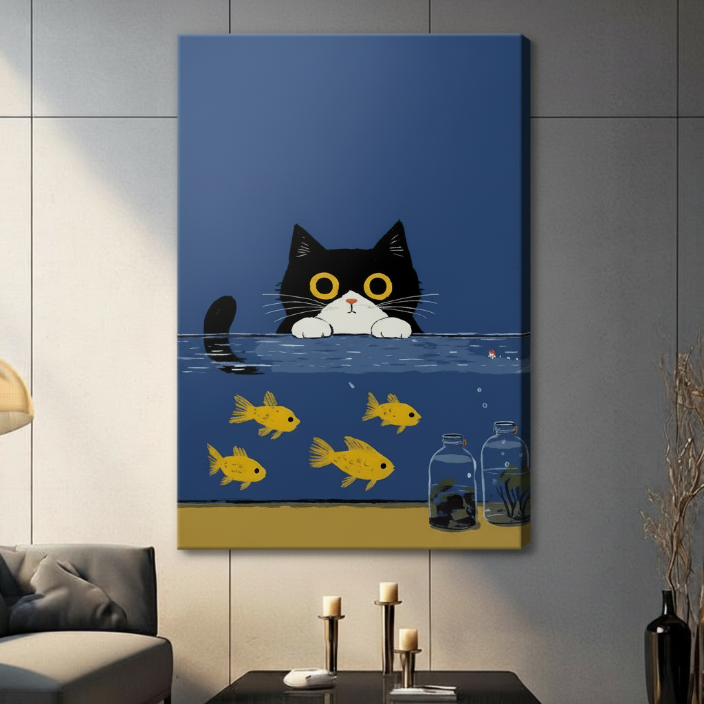 Black and white cat watching goldfish aquarium funny minimalist canvas wall art print on grey living room wall