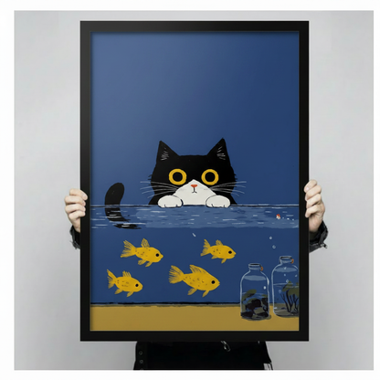 Close-up of black and white cat goldfish bowl minimalist illustration art print held by two hands showing full detail