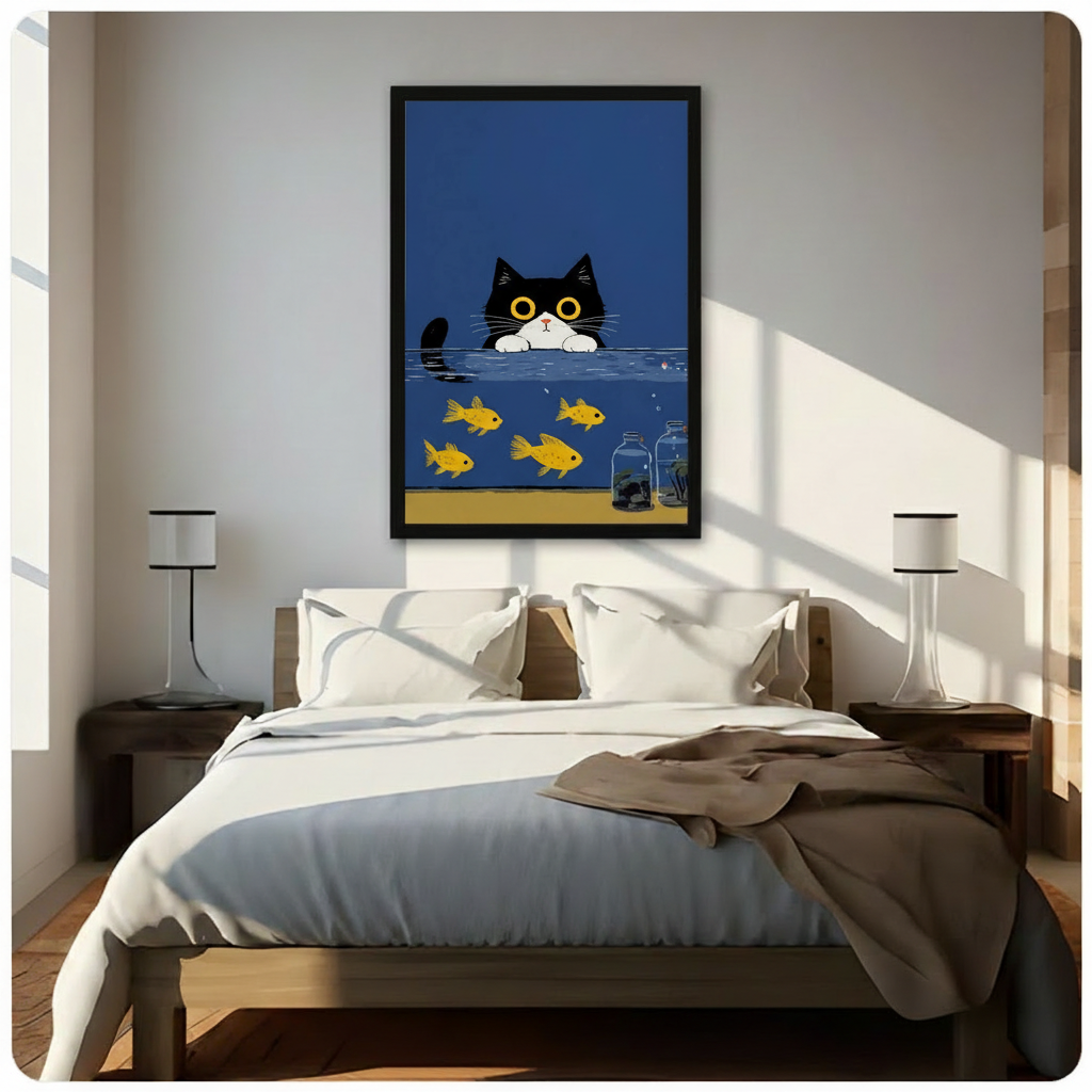 Black cat peeping over goldfish tank framed minimalist wall art print above bed in bright sunlit bedroom
