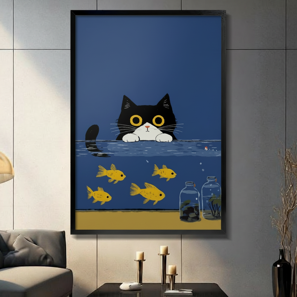 Framed black and white cat peeping over goldfish tank minimalist illustration wall art print in modern living room