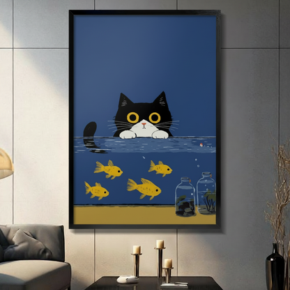 Framed black and white cat peeping over goldfish tank minimalist illustration wall art print in modern living room