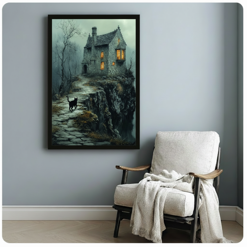 Framed gothic cliff house black cat wall art beside cozy armchair - moody dark fantasy oil painting canvas print for reading nook or study