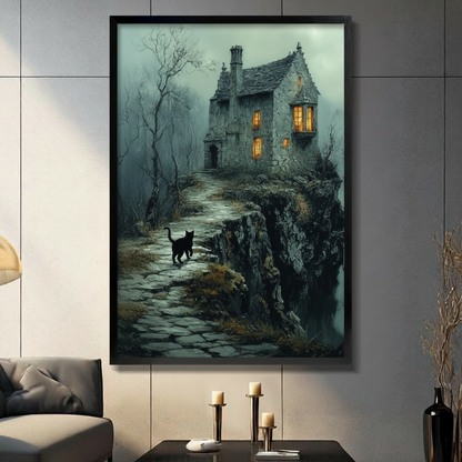 Gothic fantasy black cat walking toward glowing stone house on cliff framed wall art - dark moody oil painting canvas print for living room decor