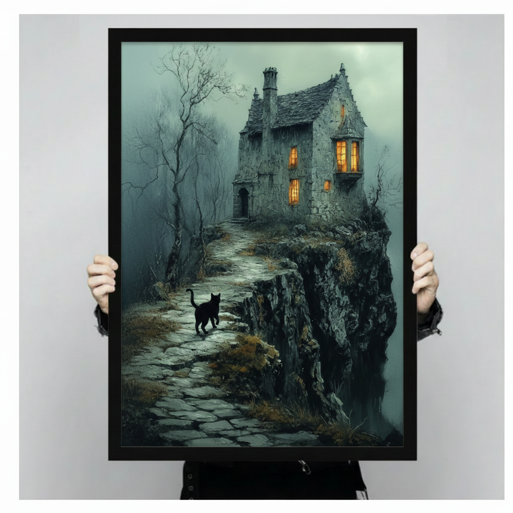Hands holding large framed black cat gothic cliff house canvas print - full artwork detail of dark fantasy stone mansion with glowing amber windows