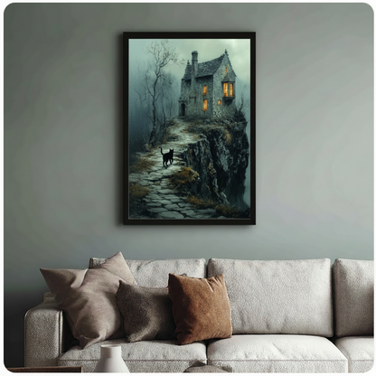 Black cat gothic stone house framed art print above linen sofa - dark fantasy landscape canvas wall decor in muted sage grey living room