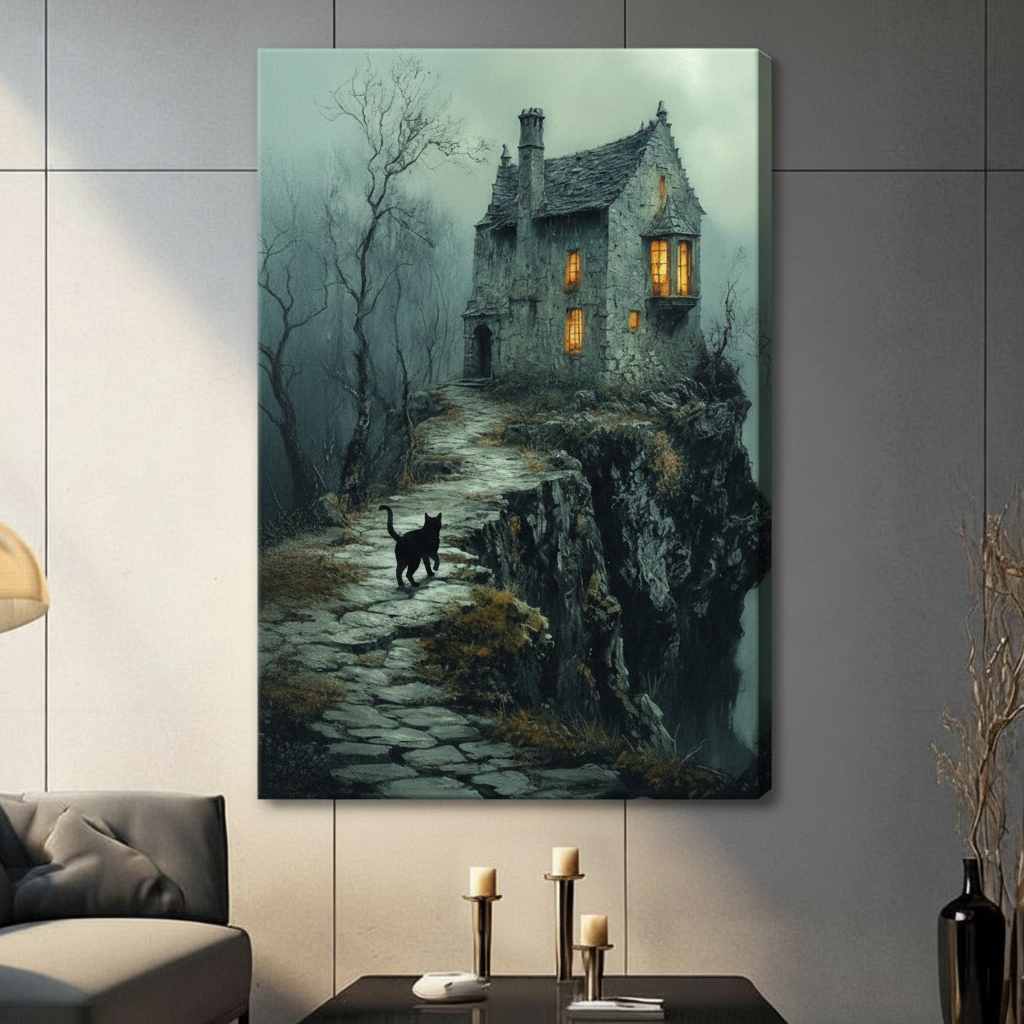 Unframed black cat cliff house canvas print - atmospheric gothic oil painting wall art with misty forest and glowing windows for modern home decor