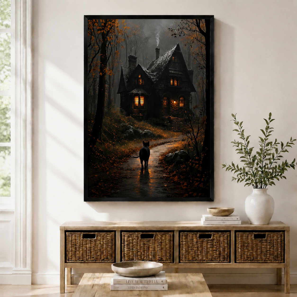 Framed gothic wall art print of a black cat walking toward a haunted mansion in an autumn forest, displayed above a wicker console table in a modern entryway