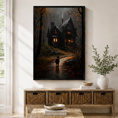 Framed gothic wall art print of a black cat walking toward a haunted mansion in an autumn forest, displayed above a wicker console table in a modern entryway