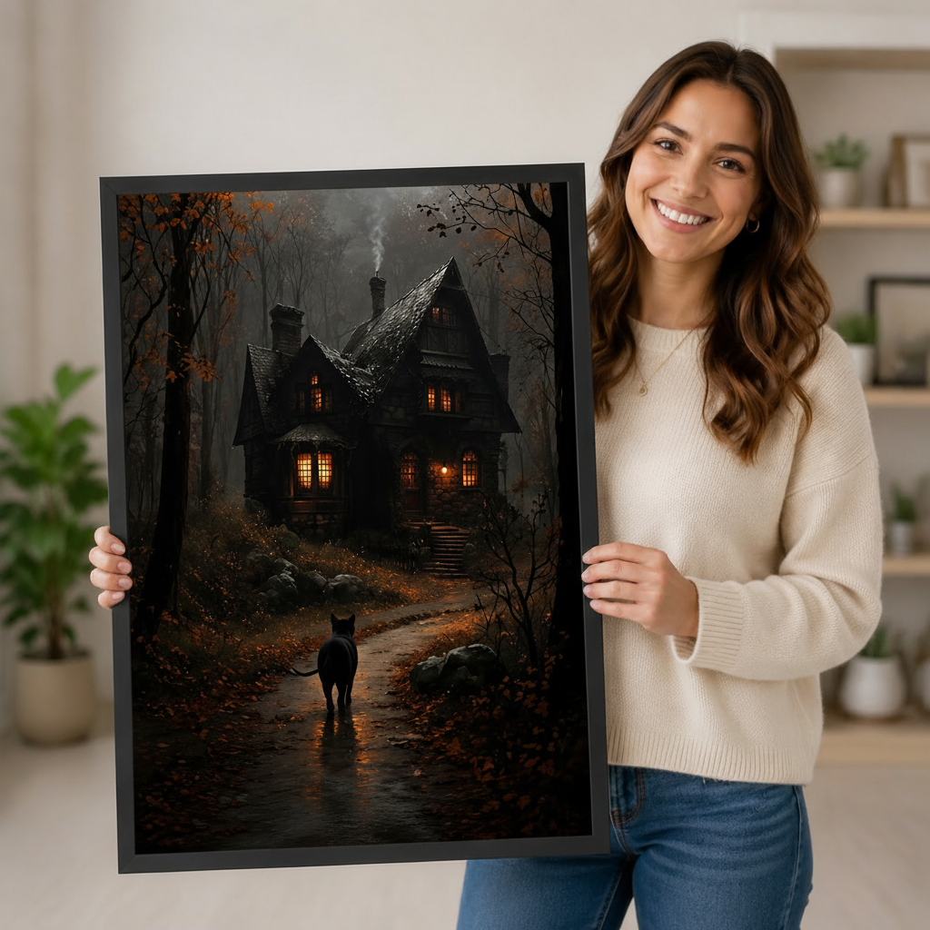 Woman holding a large framed gothic art print showing a black cat on a foggy forest path toward a glowing Victorian mansion, demonstrating print size and quality