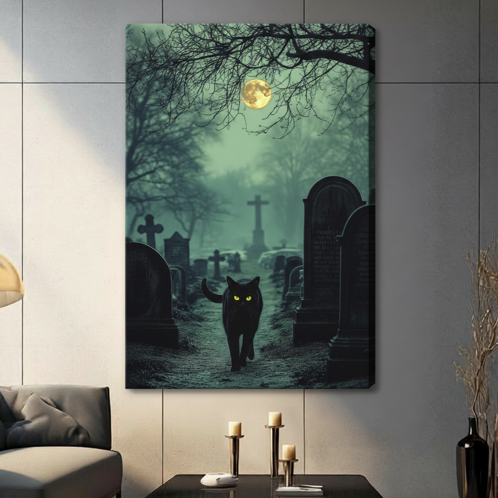 Moody gothic composite art print of a black cat with vivid yellow-green glowing eyes prowling straight ahead through a fog-drenched cemetery at night with rows of dark stone cross and arch tombstones receding into the mist bare winter tree branches overhead and a luminous full moon glowing through a teal atmospheric haze stretched canvas wall art print hanging in a contemporary living room with dark gray tiled wall