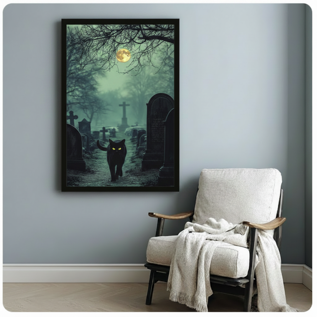 Eerie gothic night scene art print featuring a black cat with piercing glowing green eyes walking forward through a misty graveyard path lined with stone cross headstones and arched grave markers gnarled bare branches stretching across the top of the frame and a pale full moon glowing behind green-tinted fog dark academia halloween cat wall art framed art poster displayed beside a white fabric lounge chair with draped throw blanket against a soft blue-gray wall