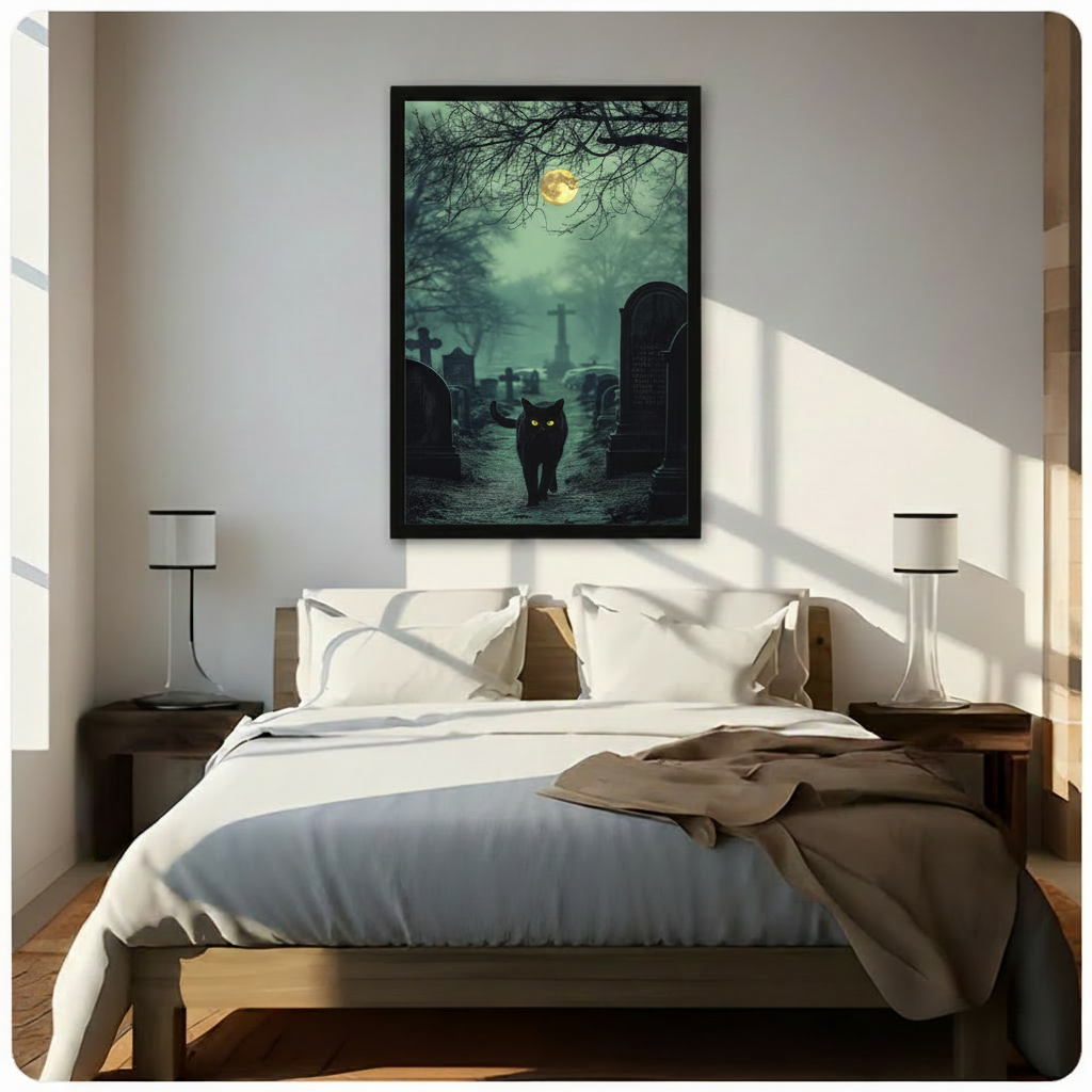 Haunting gothic atmosphere art print of a sleek black cat with glowing chartreuse green eyes walking toward the viewer through a misty moonlit graveyard with rows of dark stone cross headstones and arched tombstones disappearing into teal fog bare skeletal branches framing the top and a luminous full moon glowing through the haze gothic dark academia cat wall art framed wall art print hanging above a modern bedroom bed with white linen bedding, dark wood nightstands, and minimalist white table lamps