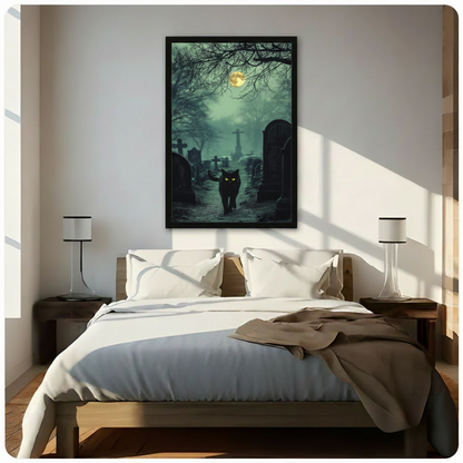 Haunting gothic atmosphere art print of a sleek black cat with glowing chartreuse green eyes walking toward the viewer through a misty moonlit graveyard with rows of dark stone cross headstones and arched tombstones disappearing into teal fog bare skeletal branches framing the top and a luminous full moon glowing through the haze gothic dark academia cat wall art framed wall art print hanging above a modern bedroom bed with white linen bedding, dark wood nightstands, and minimalist white table lamps