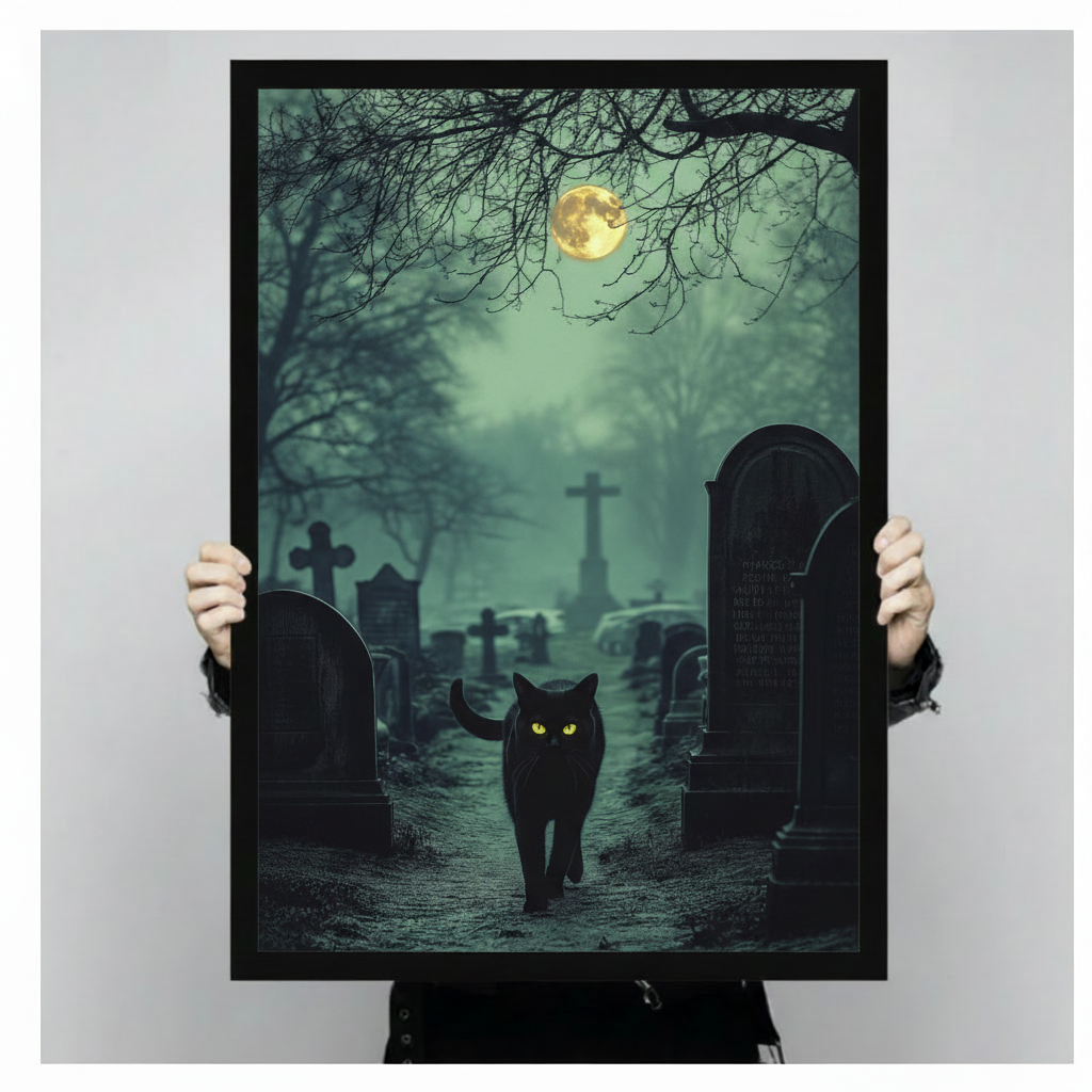 Dramatic gothic art print of a black cat with intense neon green glowing eyes advancing through a fog-filled cemetery at night surrounded by dark stone cross and arched tombstones with twisted bare tree branches overhead and a glowing full moon partially obscured by teal green mist gothic halloween cat graveyard wall art framed wall art print held up for size reference against a light gray neutral background