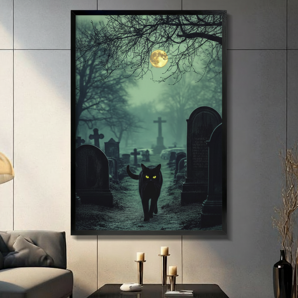 Gothic atmospheric photo art print of a sleek black cat with glowing neon green eyes walking directly toward the viewer along a misty graveyard path flanked by dark stone cross headstones and arched tombstones with bare skeletal tree branches framing the top of the composition and a glowing full moon rising through teal green fog framed wall art print displayed in a living room with dark gray sofa, pillar candle holders, and black decorative vase