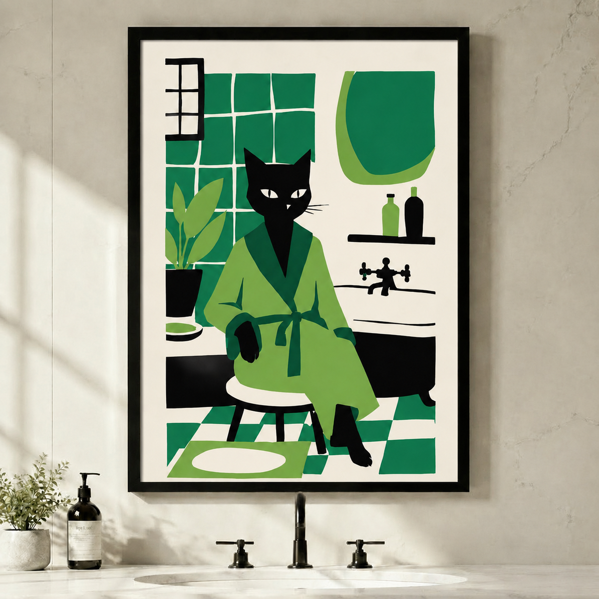 Framed black cat in green bathrobe bathroom wall art print displayed above a modern bathroom sink