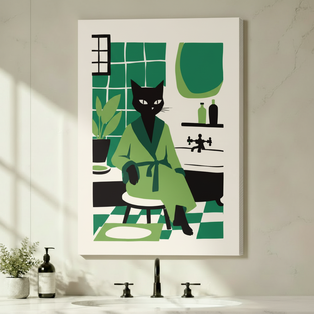 Unframed canvas wall art of a black cat wearing a green bathrobe seated in a retro bathroom, hung above a sink