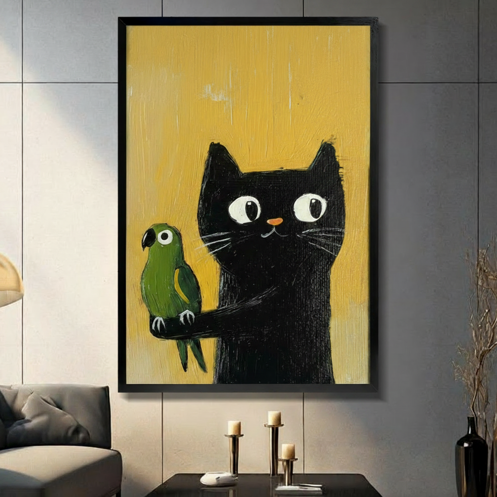 Black-framed cat and parrot art print with textured oil-paint style on yellow background, gallery wall display in modern interior