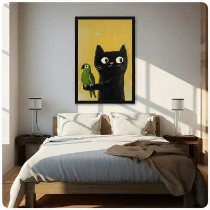 Funny black cat and parrot wall art above bed – bold yellow background framed poster in a bright modern bedroom