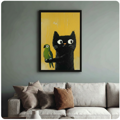 black-cat-green-parrot-framed-poster-living-room-sofa-mockup