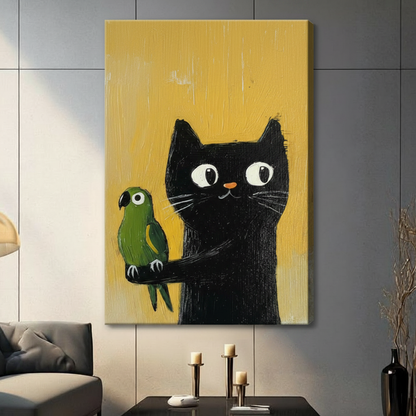 Unframed canvas wall art of a quirky black cat and green parrot on mustard yellow, mounted on dark grey wall